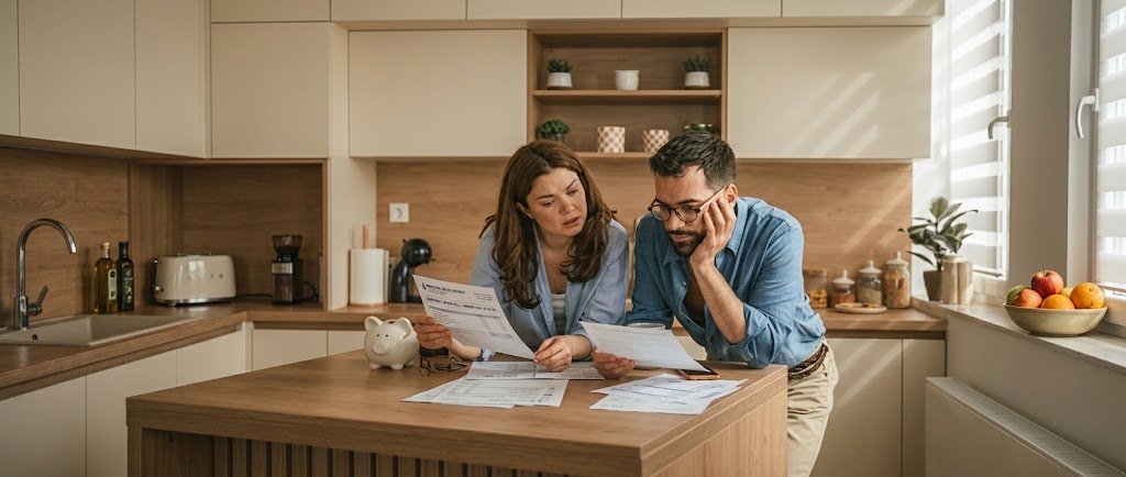 Person reviewing bills and credit card statements at a kitchen table to spot debt trap warning signs