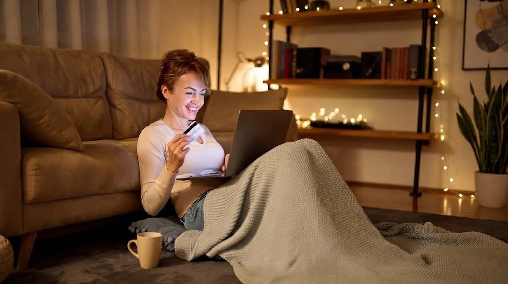 Tired professional shopping online late at night, a common sign of revenge spending after a stressful day