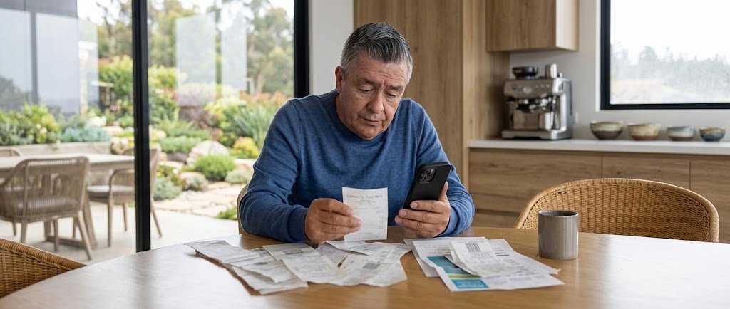 Person reviewing a paycheck and loan statements while thinking about wage garnishment after a loan default