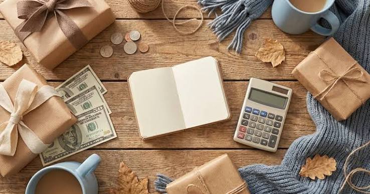 Family writing a holiday spending plan with a notebook and gift wrap on a table