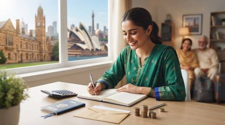 Student reviewing study abroad loans on a laptop with a passport and travel documents nearby